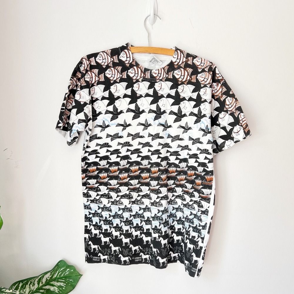 Andazia MC Escher T-Shirt Black White All Over Print Vintage 90s Single Stitch M - Picture 1 of 8
